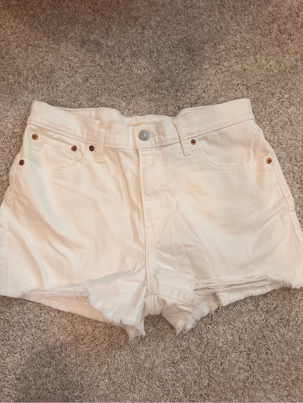 High-Rise White Distressed Denim Shorts